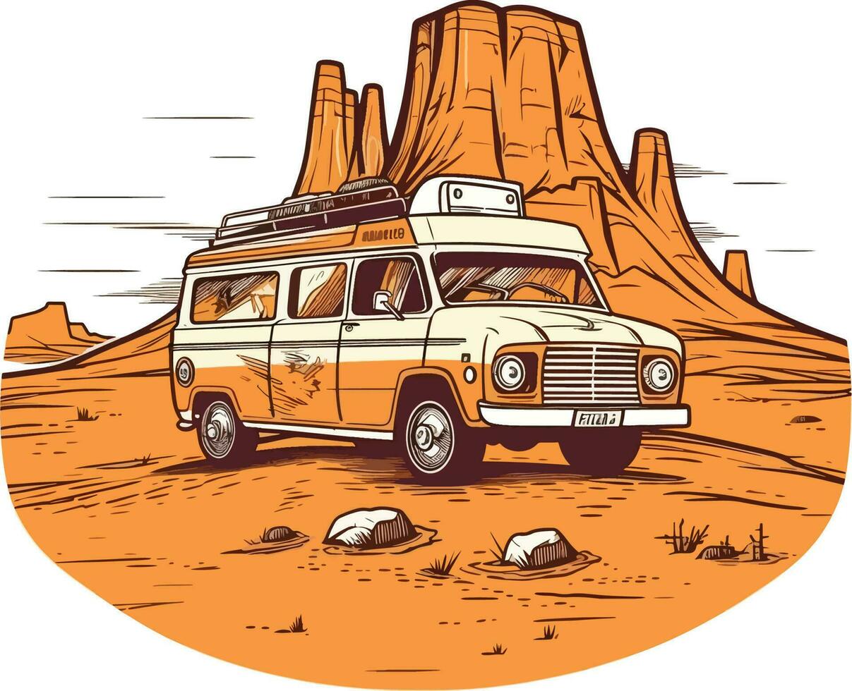 Travel van in front of a desert Hand drawn illustration, travel van Hand drawn illustration, t-shirts design illustration vector