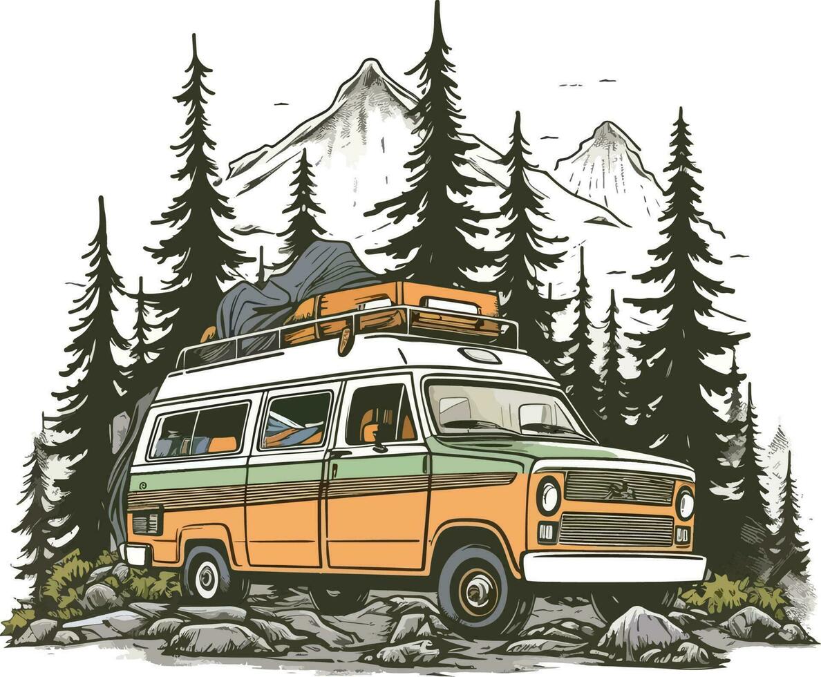viaje camioneta en frente de un bosque mano dibujado ilustración, viaje camioneta mano dibujado ilustración, camisetas diseño ilustración vector