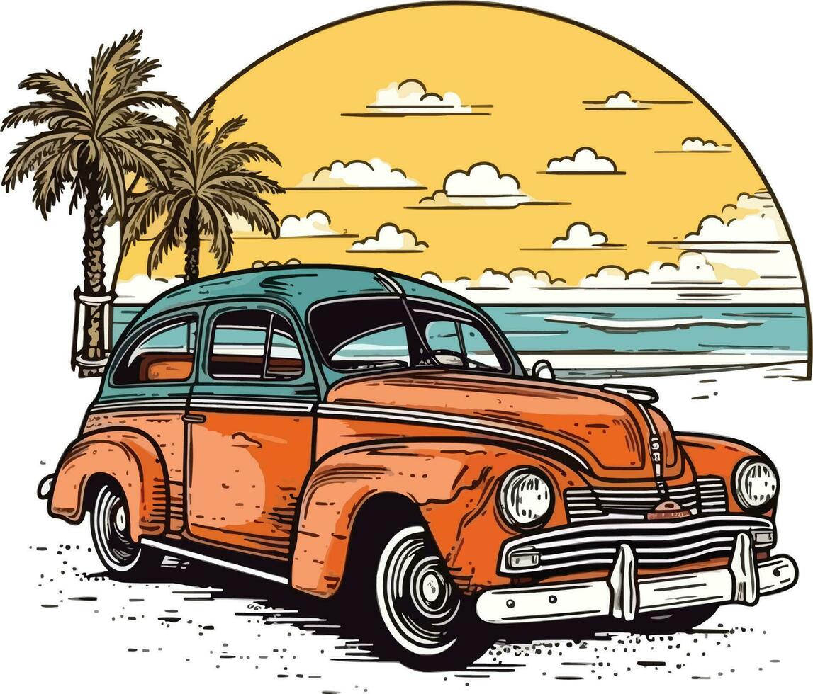 coche en frente de un playa mano dibujado ilustración, coche mano dibujado ilustración diseño, coche mano dibujado ilustración para camiseta diseño vector