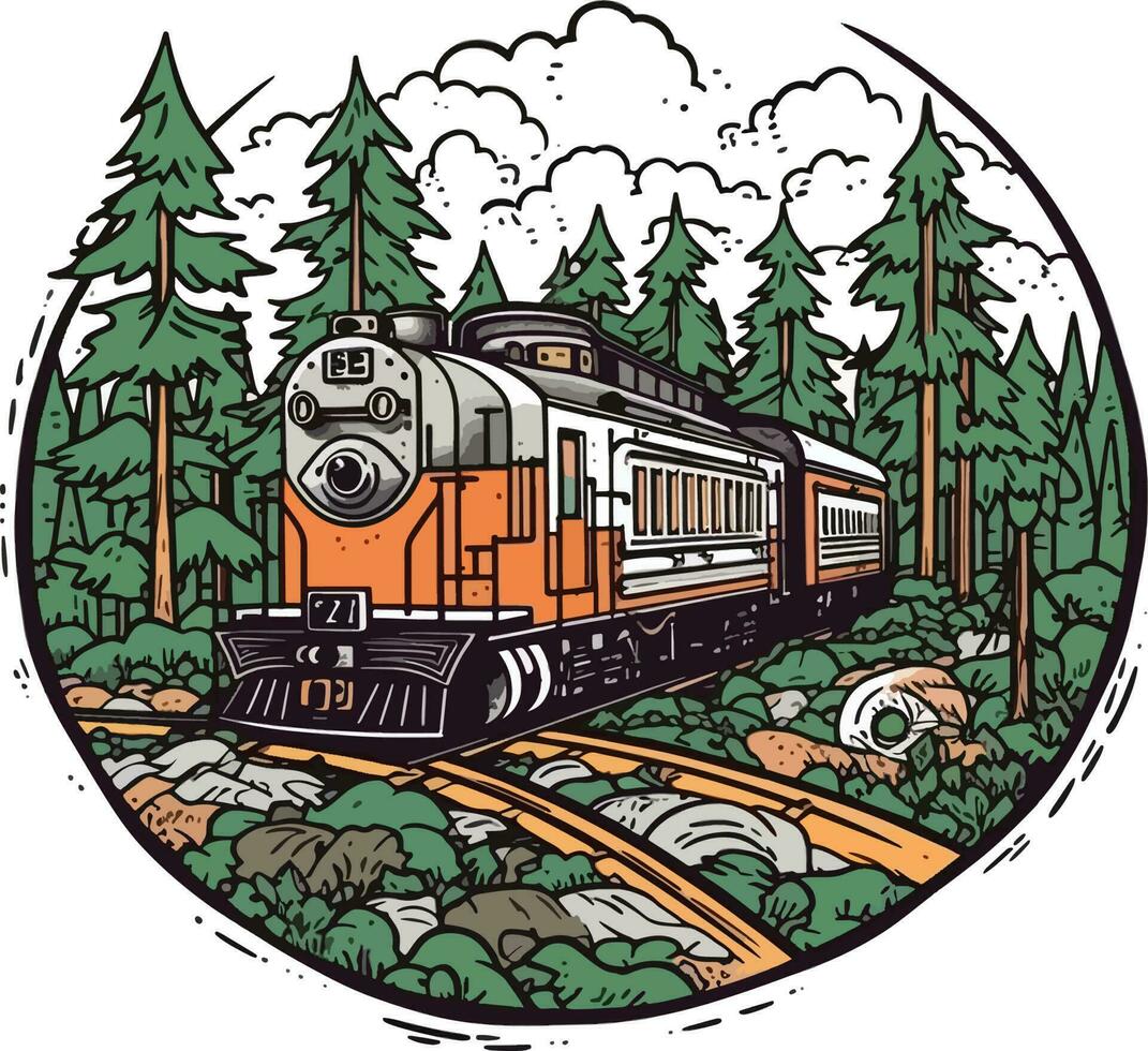 train in front of a forest Hand drawn illustration, train Hand drawn illustration, t-shirts design illustration vector