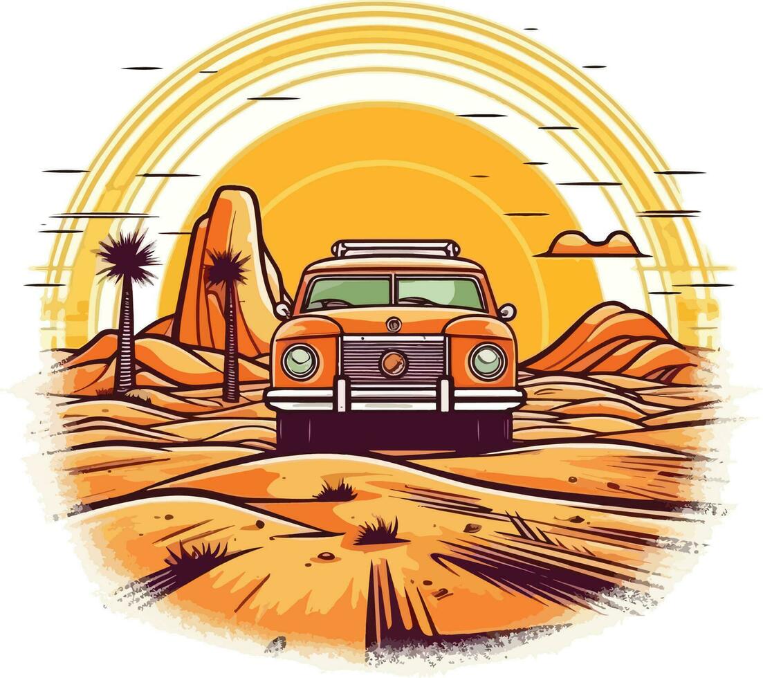 coche en frente de un Desierto dibujado a mano ilustración, coche dibujado a mano ilustración diseño, coche dibujado a mano ilustración para camiseta diseño vector