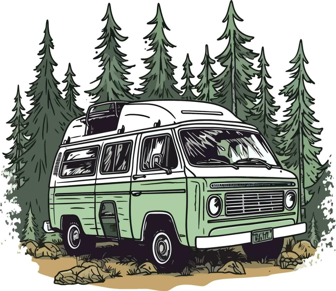 Travel van in front of a forest Hand drawn illustration, travel van Hand drawn illustration, t-shirts design illustration vector