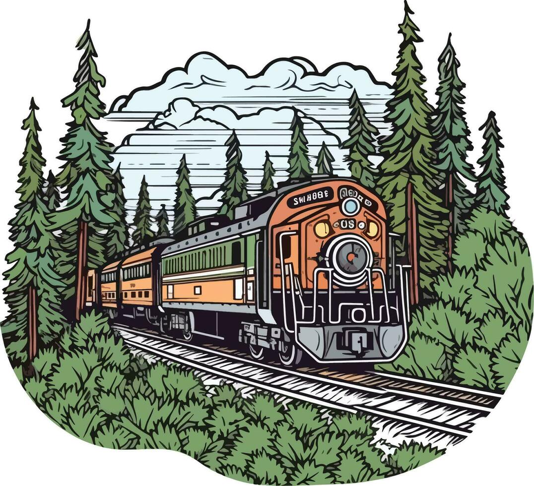 tren en frente de un bosque mano dibujado ilustración, tren mano dibujado ilustración, camisetas diseño ilustración vector