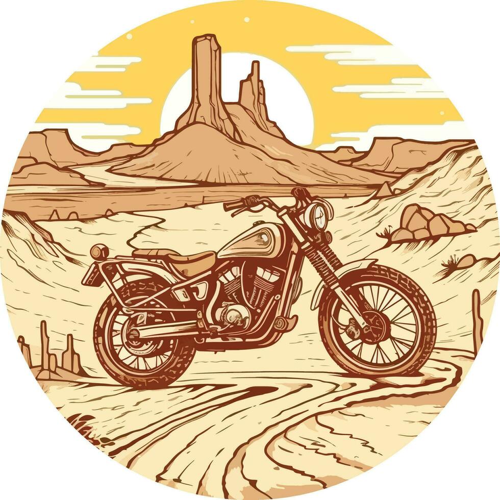 motocicleta en frente de un Desierto mano dibujado ilustración, motocicleta mano dibujado ilustración diseño, camiseta diseño ilustración vector