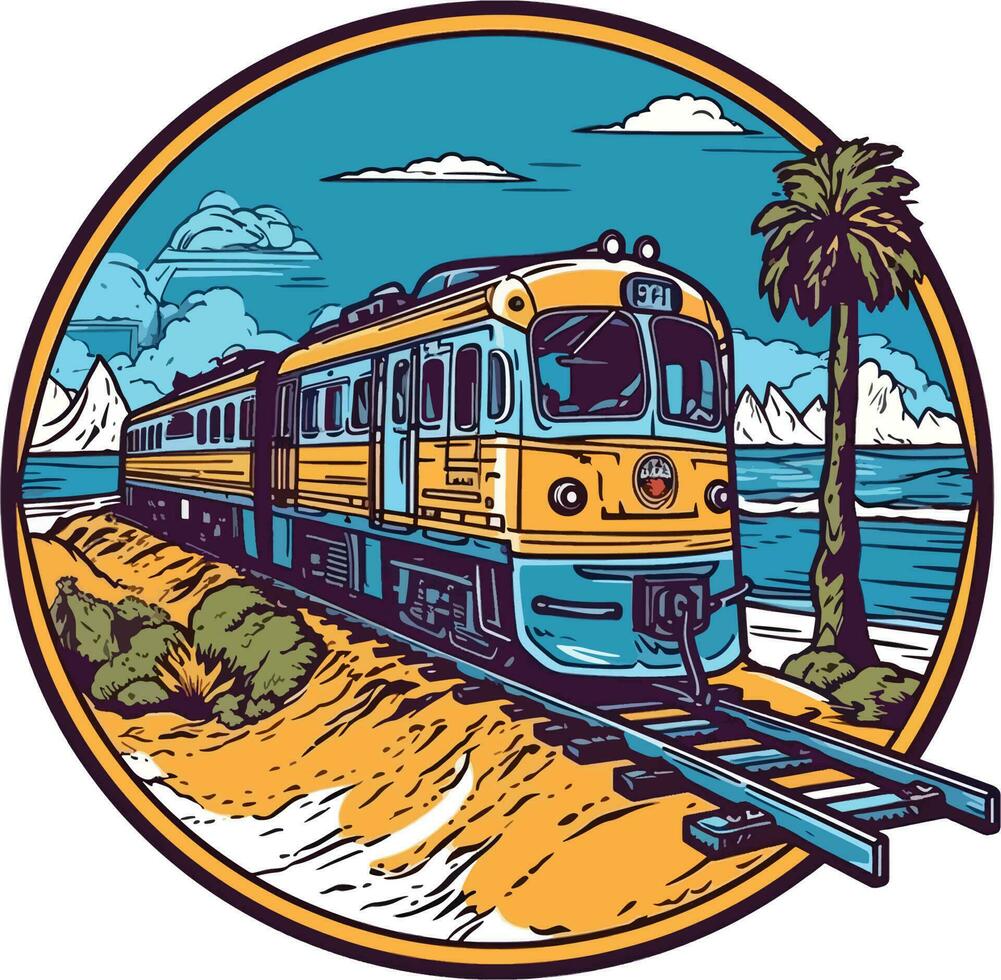 Train in front of a beach Hand drawn illustration, Train Hand drawn illustration design, tshirt design illustration vector