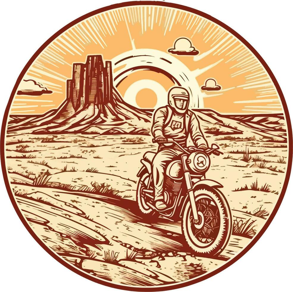 motocicleta en frente de un Desierto mano dibujado ilustración, motocicleta mano dibujado ilustración diseño, camiseta diseño ilustración vector