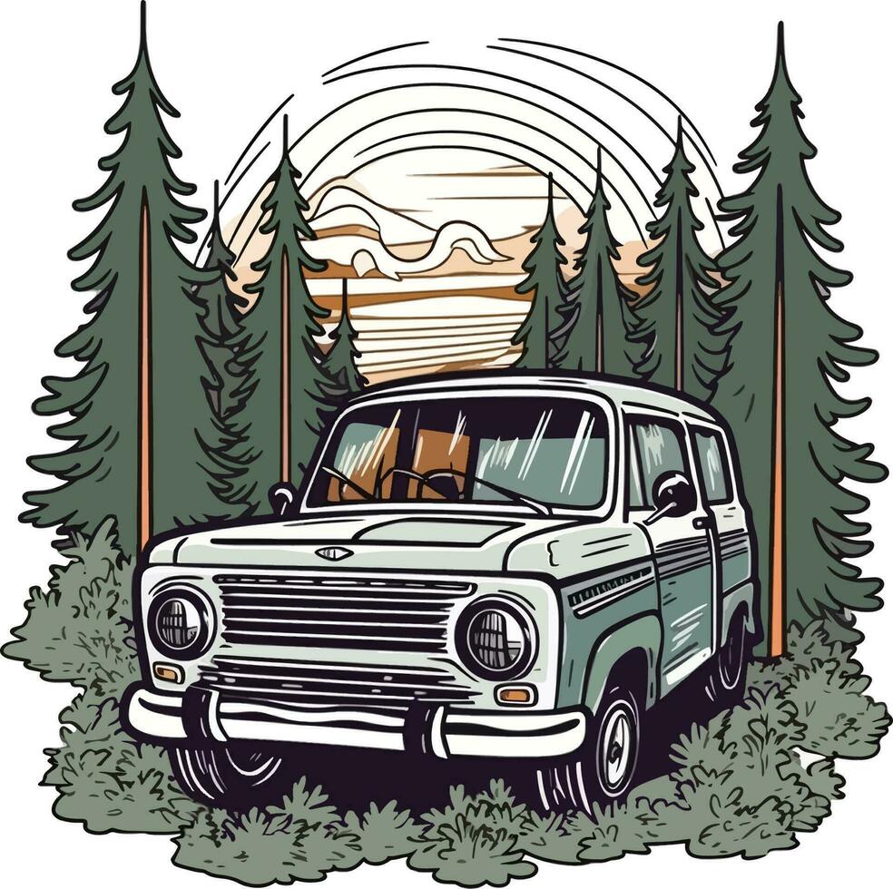 car in front of a forest Hand drawn illustration, car in front of a forest Hand drawn illustration vector