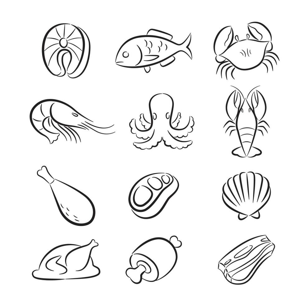 Fresh meat and seafood drawing set vector