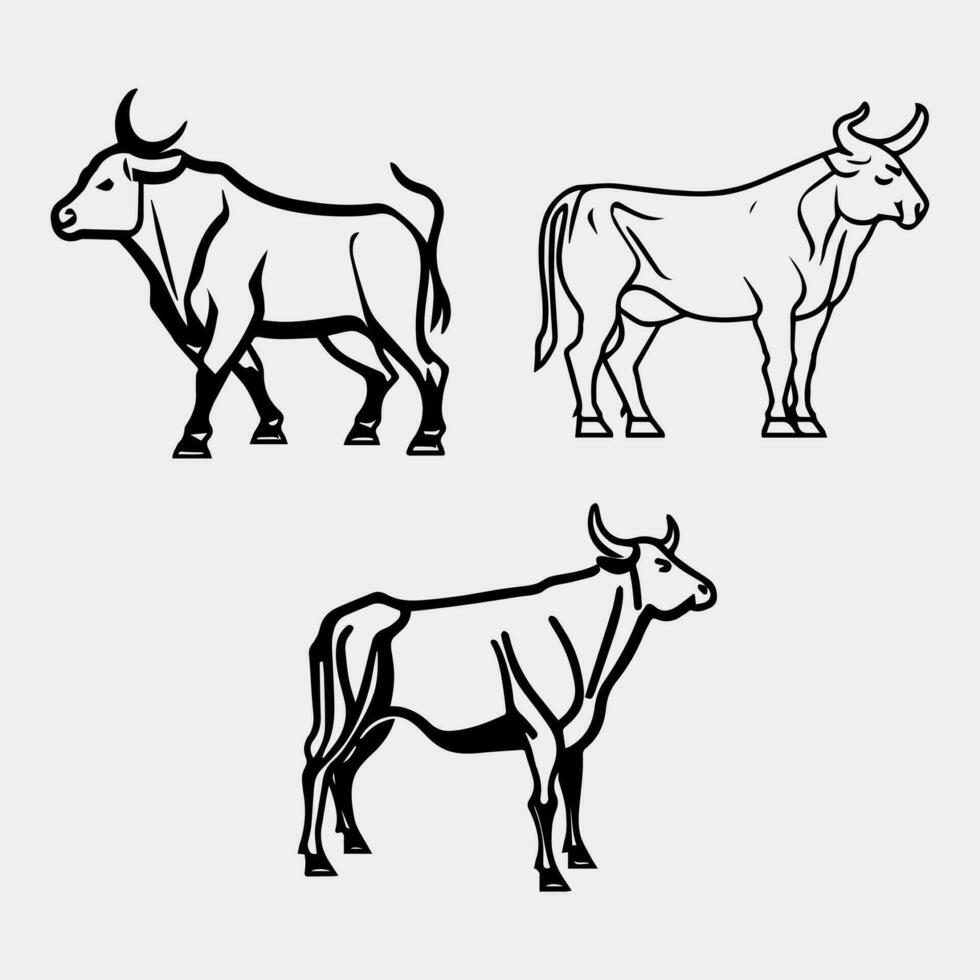 Set of cows. Black silhouette cow isolated on white. Hand drawn vector illustration.