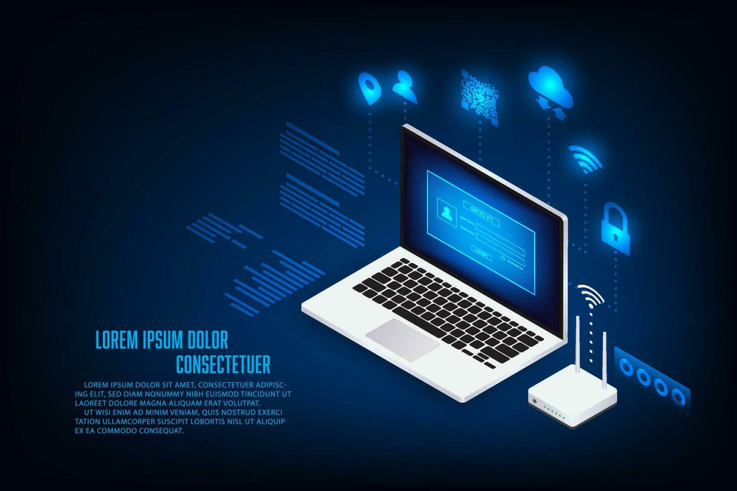 Vector technology wireless fo internet data transfer in digital devices. Isometric laptop and wi-fi router.