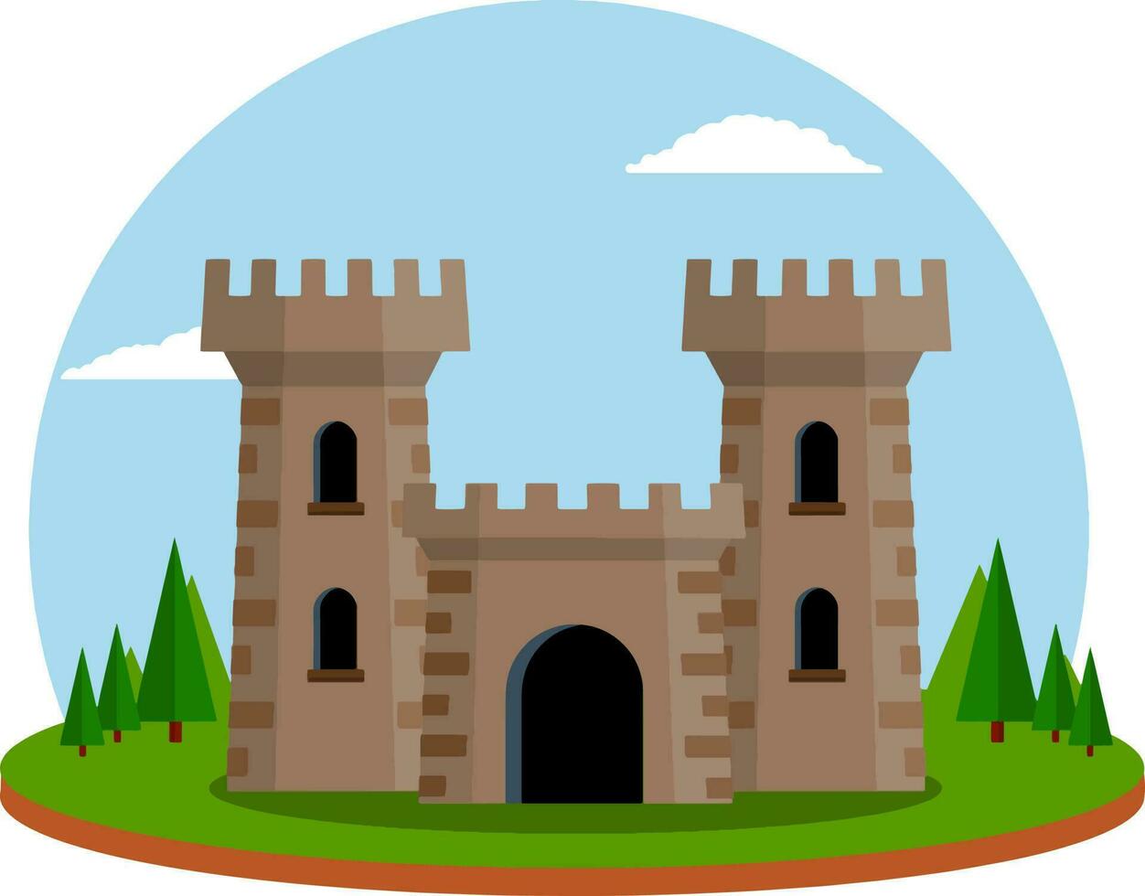 medieval castillo. antiguo fortaleza. europeo arquitectura y ciudad centro. militar edificio de Caballero y rey. defensa y fiabilidad. torre, pared y puerta. dibujos animados plano ilustración. dibujos animados paisaje vector