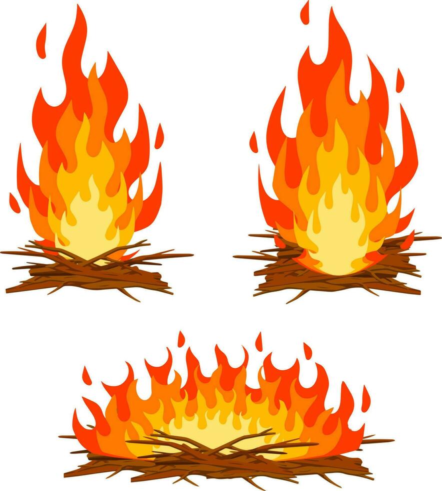 Red campfire. Orange flame. Tourist bonfire. Element of hike and fire. Heat and hot object. Cartoon flat illustration vector
