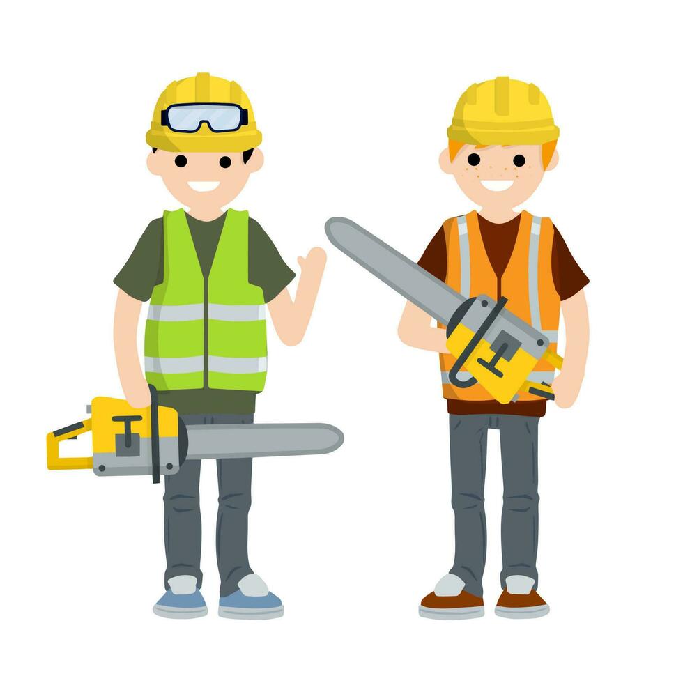 Two Men workers in uniform with helmets, chainsaw and glasses. Industrial safety. Loggers and objects for sawing wood. Cartoon flat illustration. Maintenance service vector