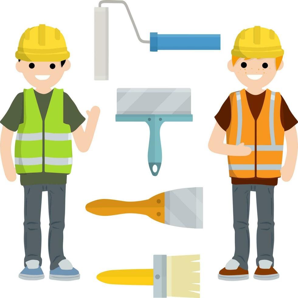 Working painter with paint brush. man in a yellow and green construction vest and helmet. Repair tool. Cartoon flat illustration vector