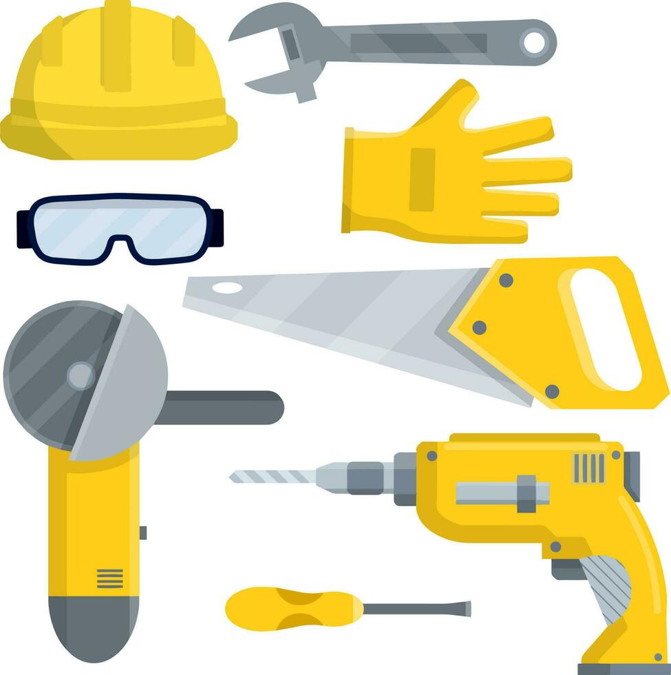 Set tool of worker and the Builder. Yellow Helmet, glasses, drill, hand saw, Grinder, hammer, wrench, screwdriver, gloves. Repair kit. Cartoon flat illustration vector