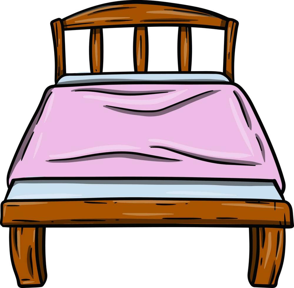 Bed with blue blanket. Bedroom and room element. Big Place to sleep and relax. Retro furniture. Color hand-drawn illustration. Cartoon picture vector