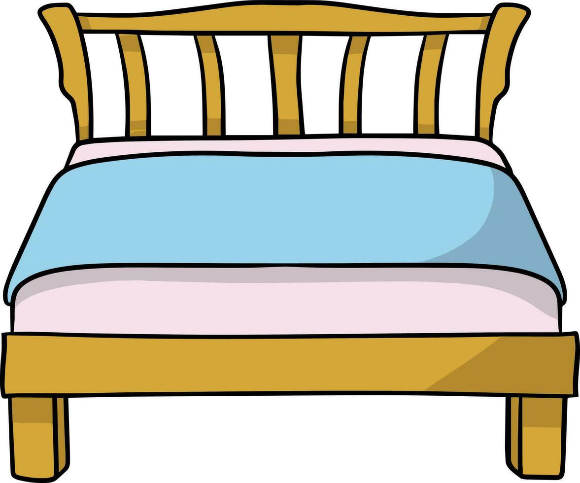 Bed with blue blanket. Bedroom and room element. Big Place to sleep and relax. Retro furniture. Color hand-drawn illustration. Cartoon picture vector