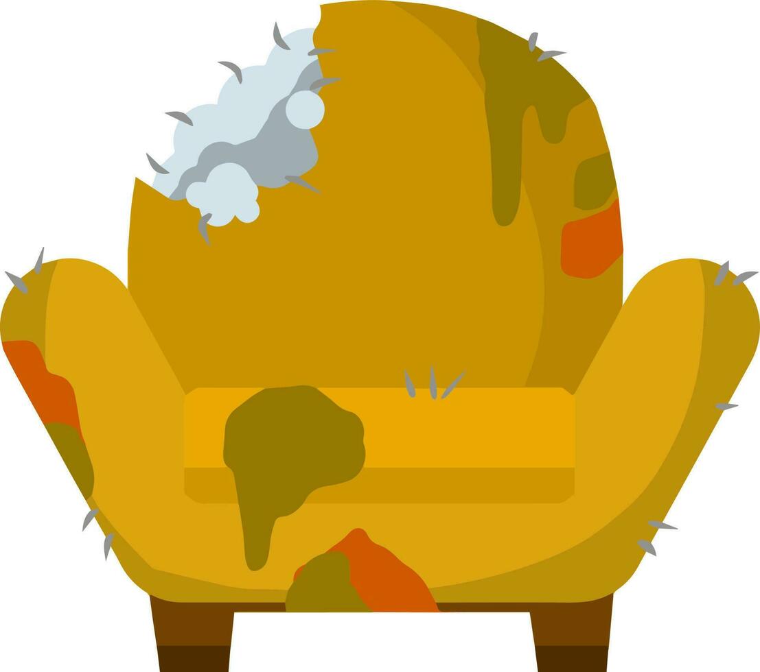 Broken chair. Old armchair. Cartoon flat illustration. Torn fabric and patches on the furniture vector