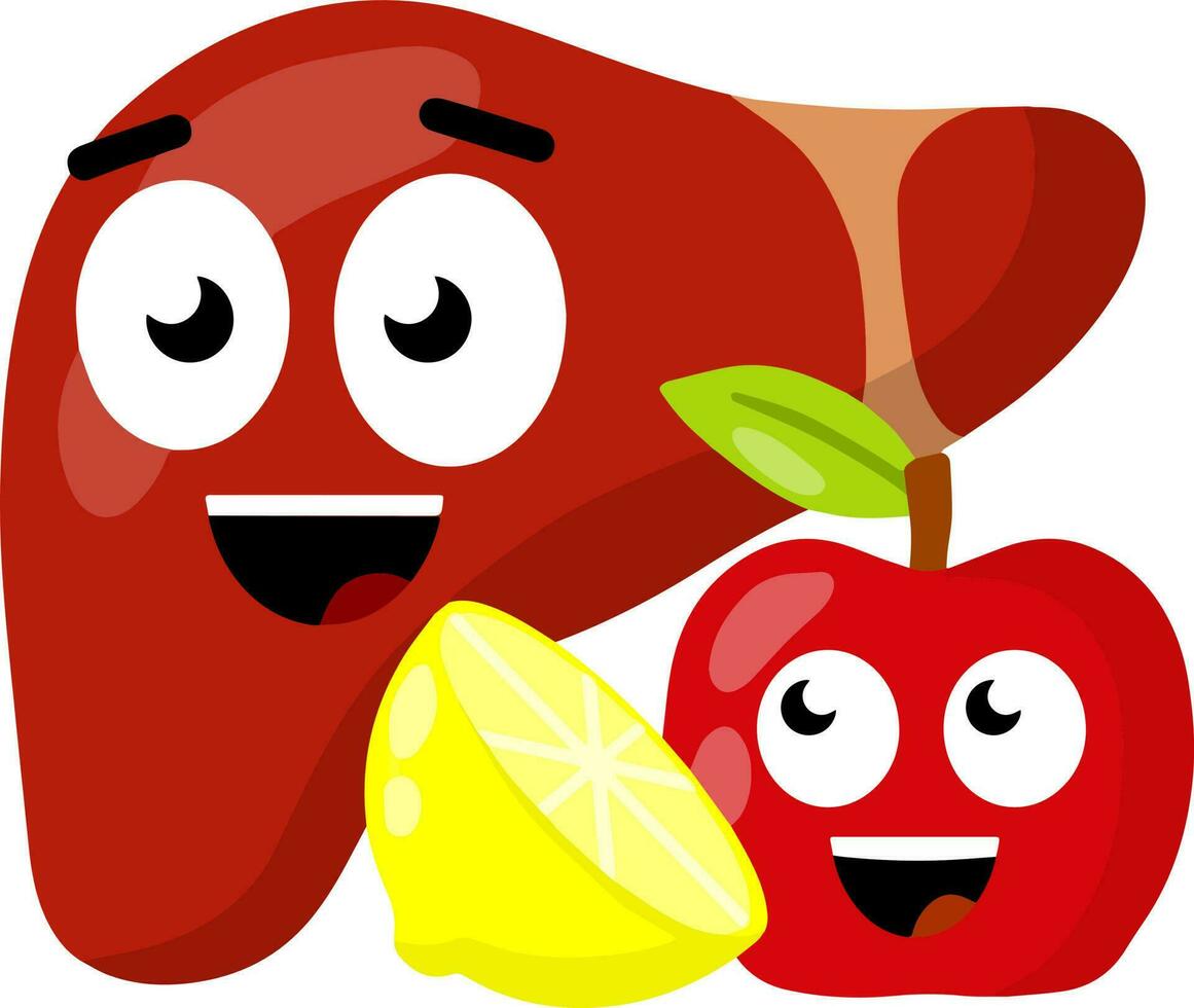 hígado sano. manzana y limón. buena nutrición y dieta. ilustración plana de dibujos animados. vector