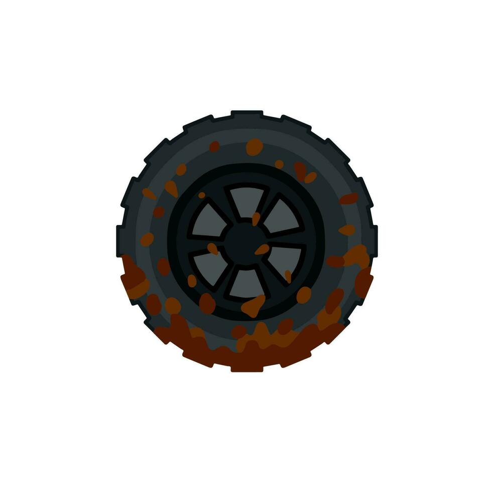 Dirty wheel of the truck. Garbage and dirt. Cartoon flat illustration. Off-road driving. ground on tire. Car wash symbol vector