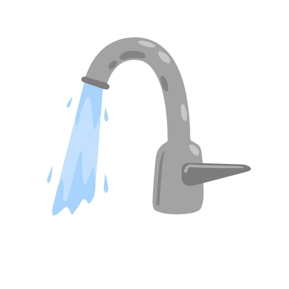 grifo con corriendo agua chorro. plomería en cocina y baño. fluir y corriente de azul líquido. plano dibujos animados vector