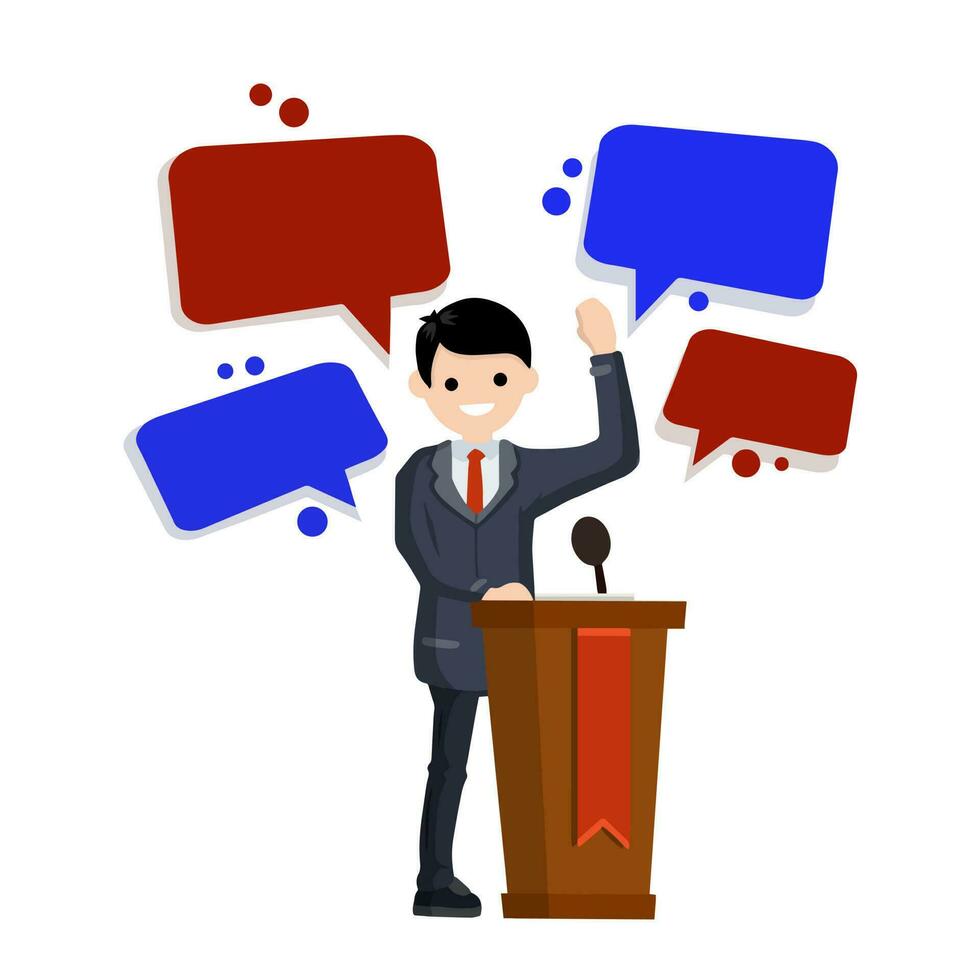 Presidential election. Male politician stands behind the podium. Male speech. Debate and discussion. Lecturer at a lecture in a suit. Flat cartoon Cloud text bubble dialog. Conversation and Talk. vector