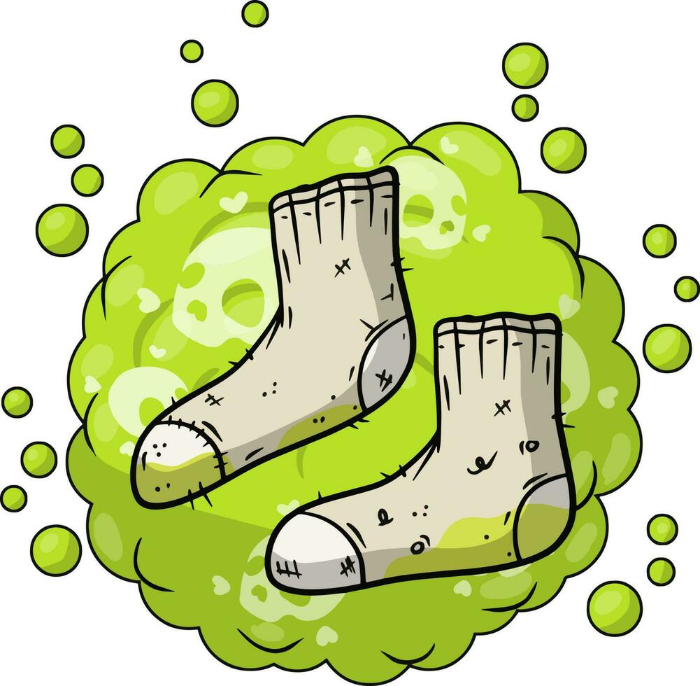 Dirty sock. Sloppy clothes. Stinky toe. Grey Object for washing. Cartoon flat illustration. Green bubble acid cloud. Smelly feet. Bad stench vector