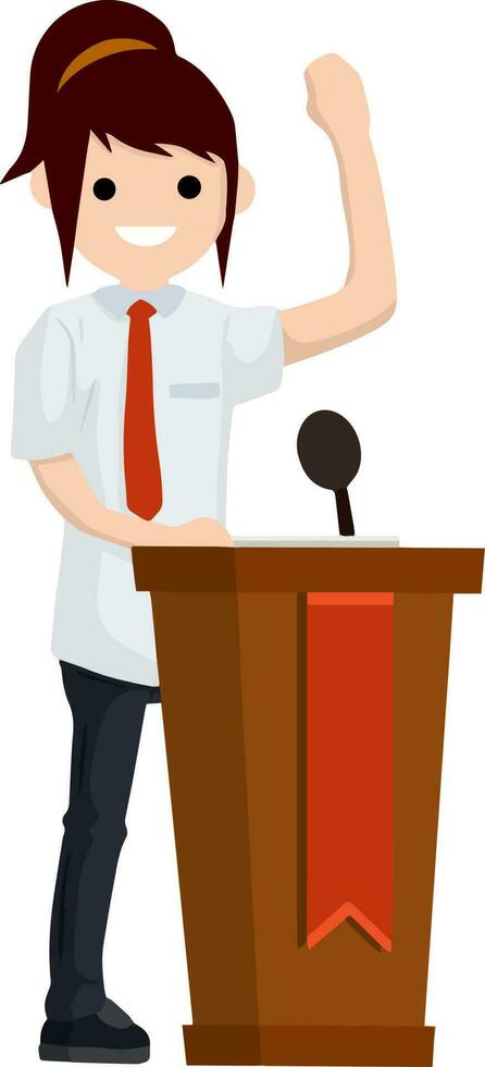 Presidential election. Female politician stands behind the podium. Woman speech. Debate and discussion. Lecturer at lecture in suit. Cartoon flat illustration vector