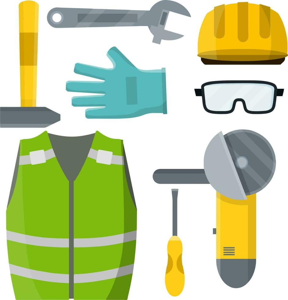 Set of clothes Builder and worker. Green vest, helmet, glasses, gloves. Grinder, screwdriver, hammer, wrench. Repair and maintenance. Safety and tools. Cartoon flat illustration vector