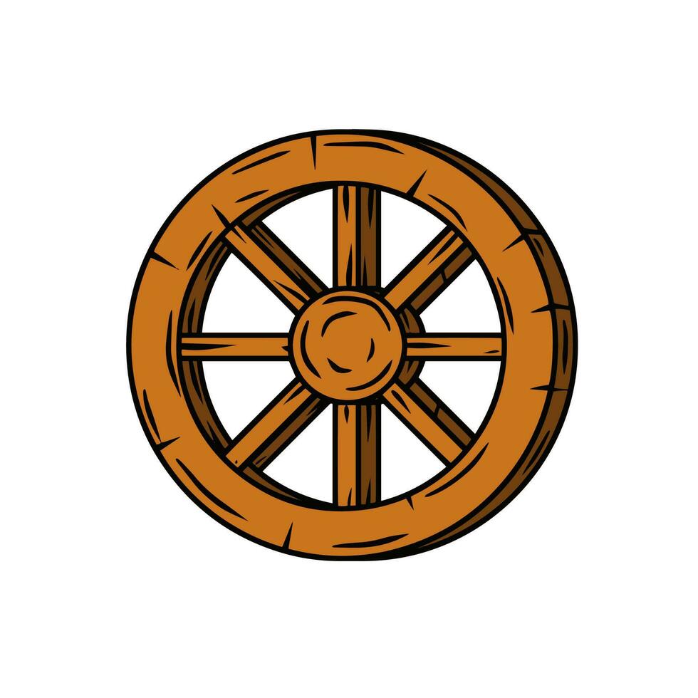 Wooden cart wheel. Old object with cracks. Element of the village and medieval. Detail of the mechanism for the ride. Cartoon illustration vector