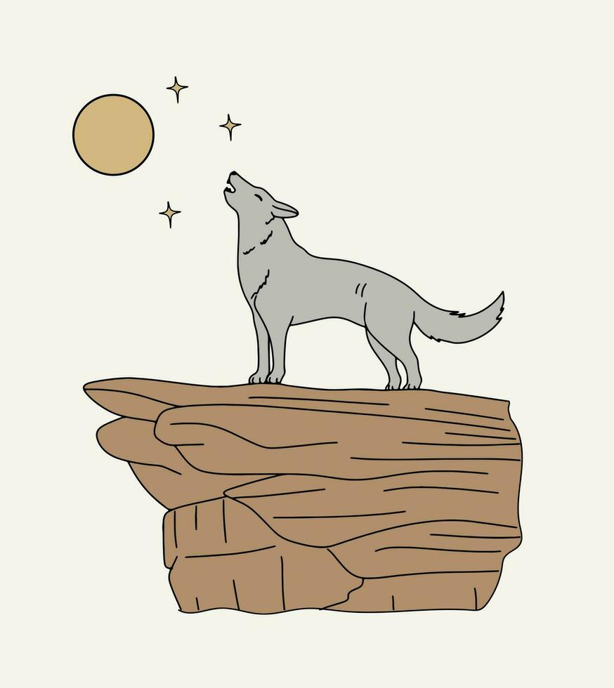 coyote stands on a rock and howls at the moon. retro vector illustration