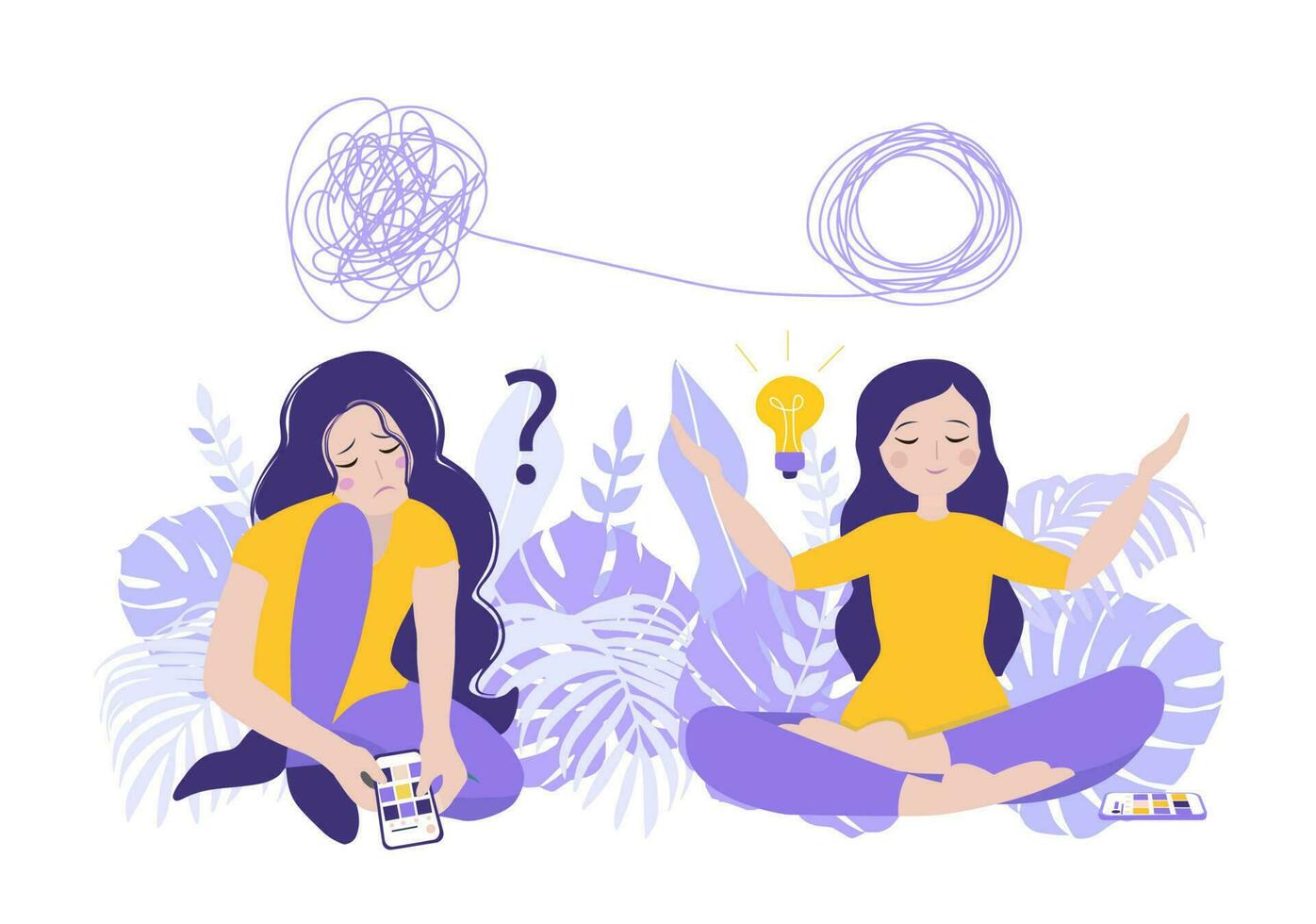 Meditative workflow concept, Woman searching for ideas. vector illustration