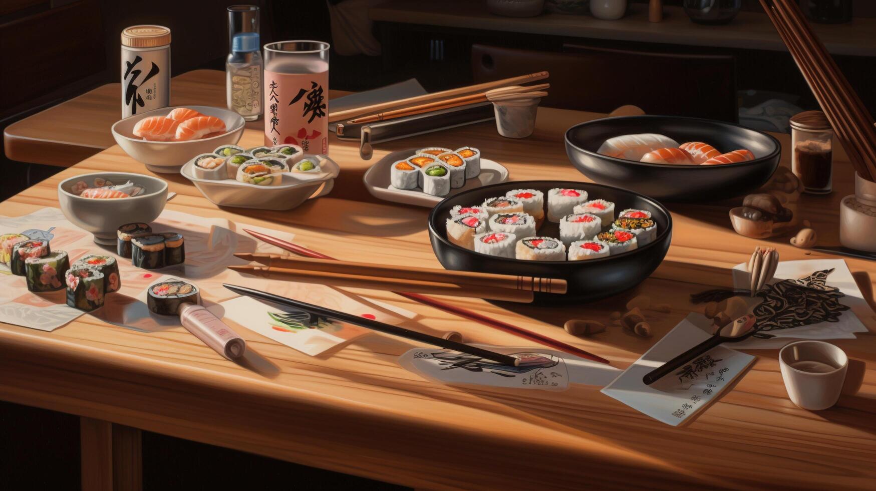 mesa lleno de Sushi y palillos ai generado foto
