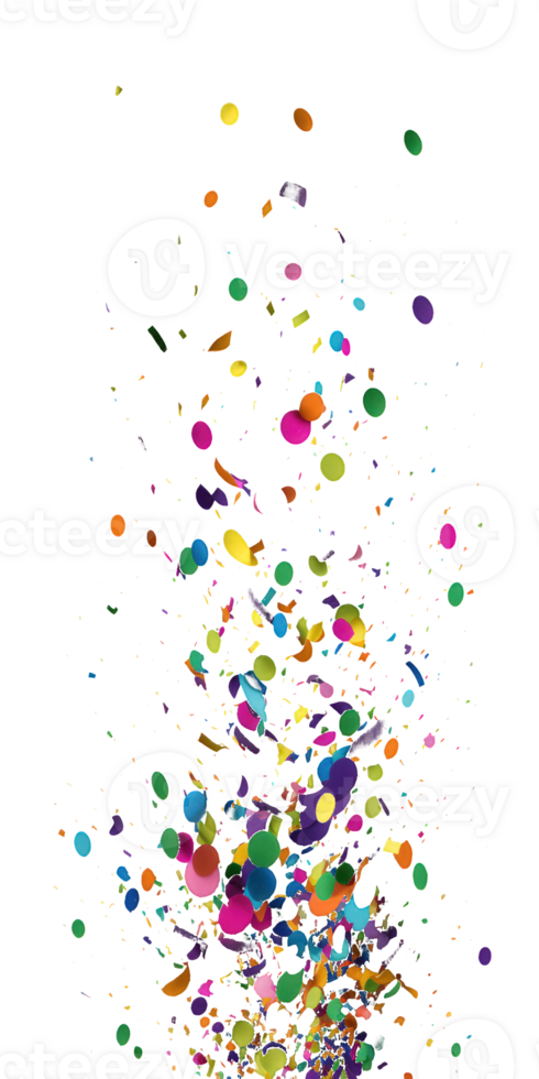 A festive explosion of multicolored confetti scattered across a transparent background. png