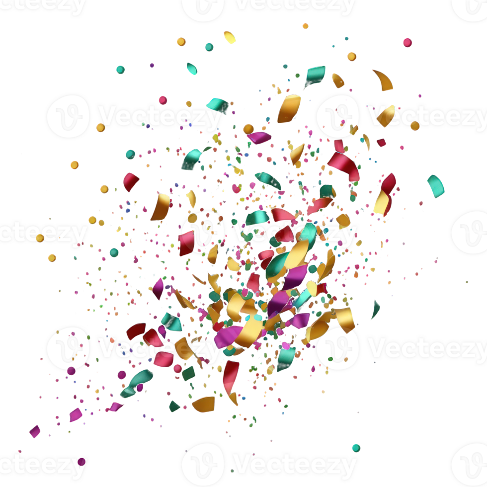 The image features a burst of multicolored confetti, set against a transparent background. png