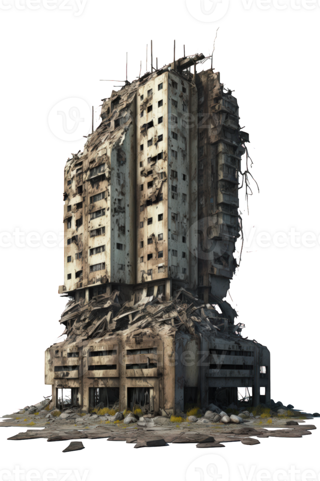 A haunting and desolate post-apocalyptic scene featuring the remnants of once towering skyscrapers, now left in ruins and standing tall amidst a transparent background. png