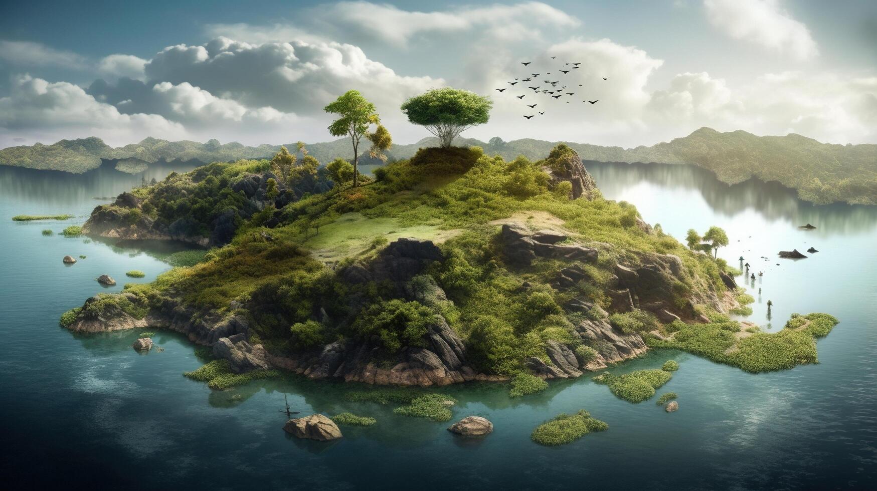 view of an island surrounded by an ocean photo