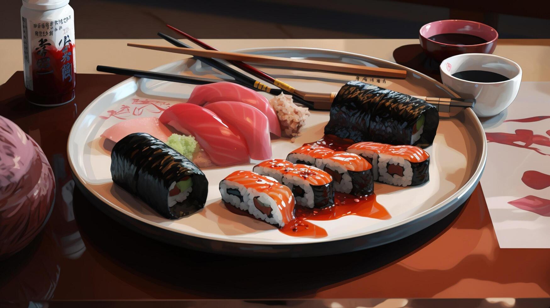 table full of sushi and chopsticks photo