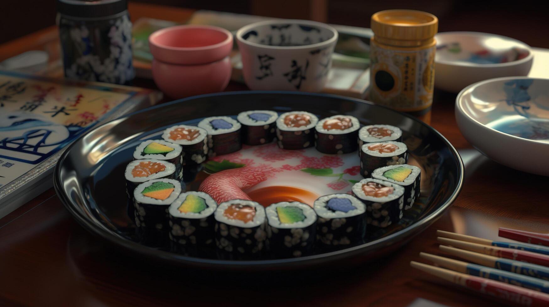 mesa lleno de Sushi y palillos ai generado foto