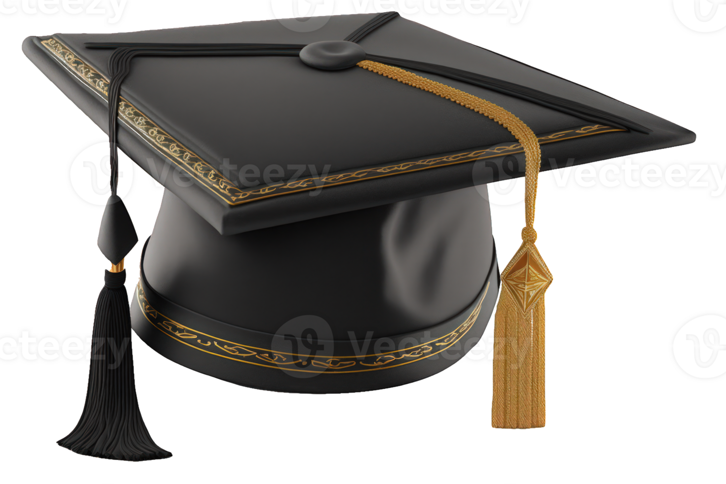 A stunning black graduation cap, complete with a plush tassel, sits proudly against a transparent background. png