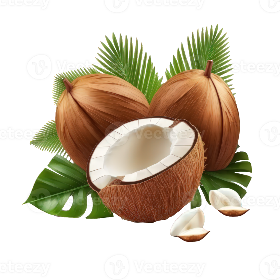 The image shows three realistic coconuts, each with its distinctive shape, color, and texture, placed on a clear, transparent background. png