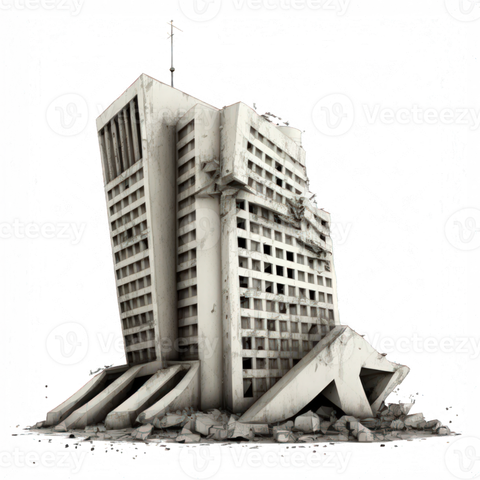 The image portrays several destroyed and abandoned skyscrapers in a post-apocalyptic world, standing on a transparent background. png