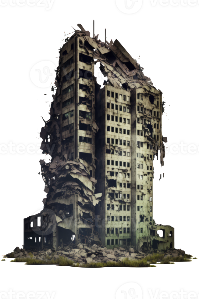 The image shows a post-apocalyptic scene of ruined skyscrapers, towering eerily against a transparent background. png