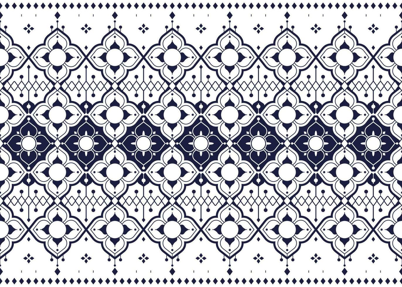 geométrico y flor blanco línea étnico tela modelo en azul antecedentes para paño alfombra fondo de pantalla antecedentes envase etc. vector