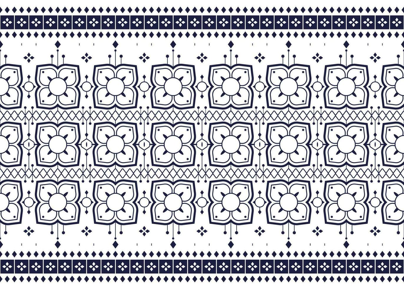 geométrico y flor blanco línea étnico tela modelo en azul antecedentes para paño alfombra fondo de pantalla antecedentes envase etc. vector