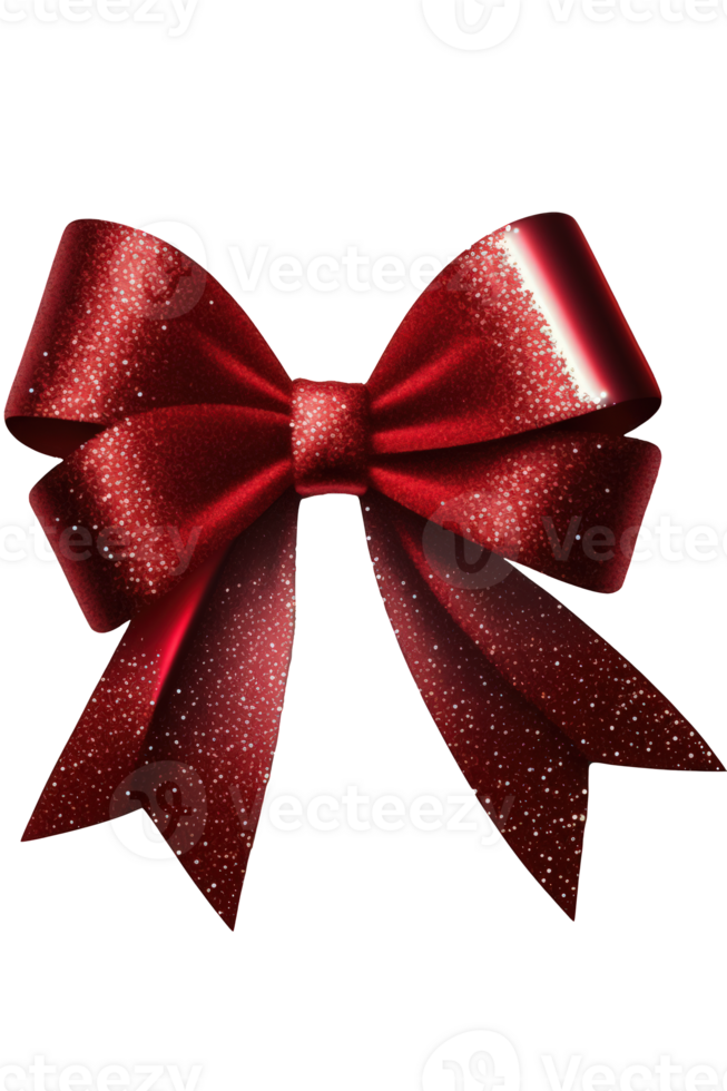 A sparkling red bow ribbon, made of glittering material, is shown against a clear, see-through background in this image. png