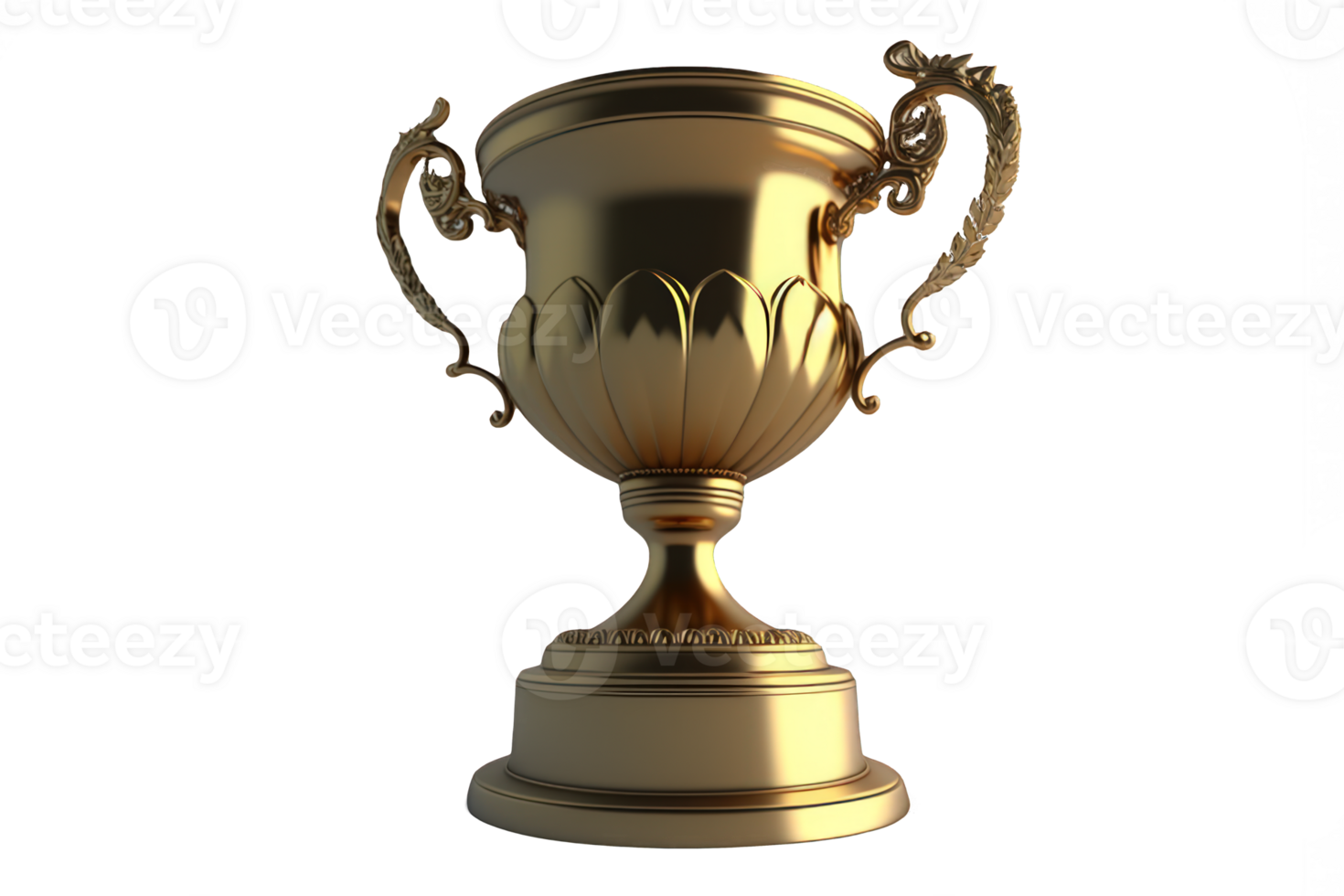 This image depicts a detailed, lifelike golden trophy standing proudly against a clear, see-through background. png
