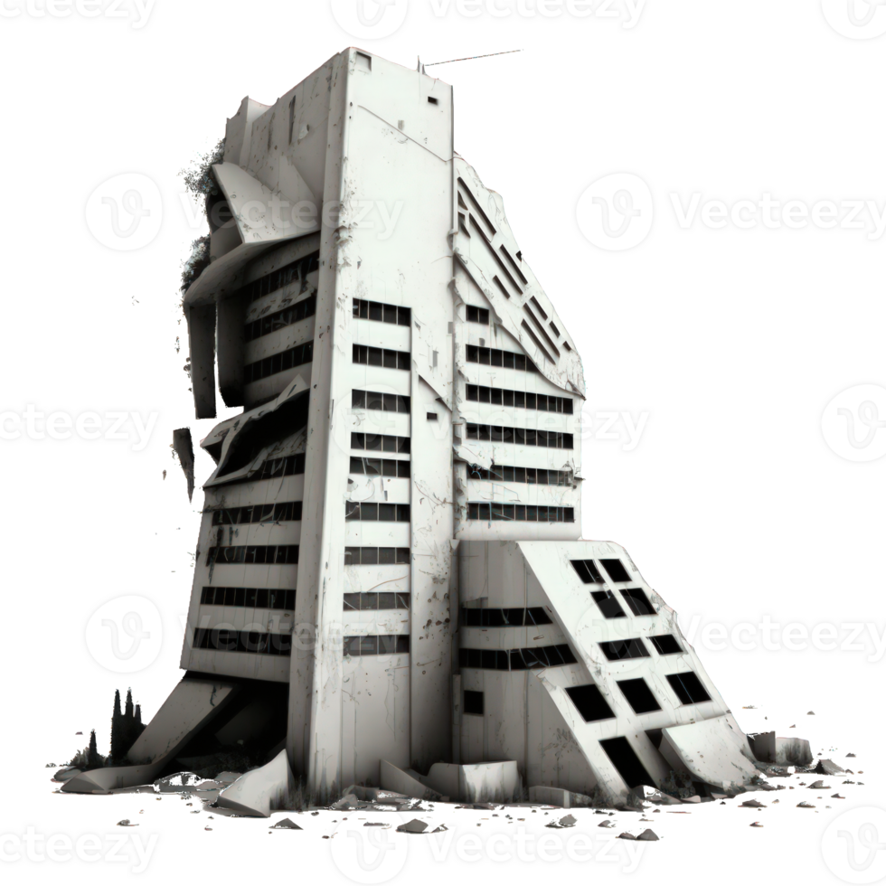 A hauntingly beautiful image depicting a post apocalyptic world where towering skyscrapers stand in ruins against a transparent background. png