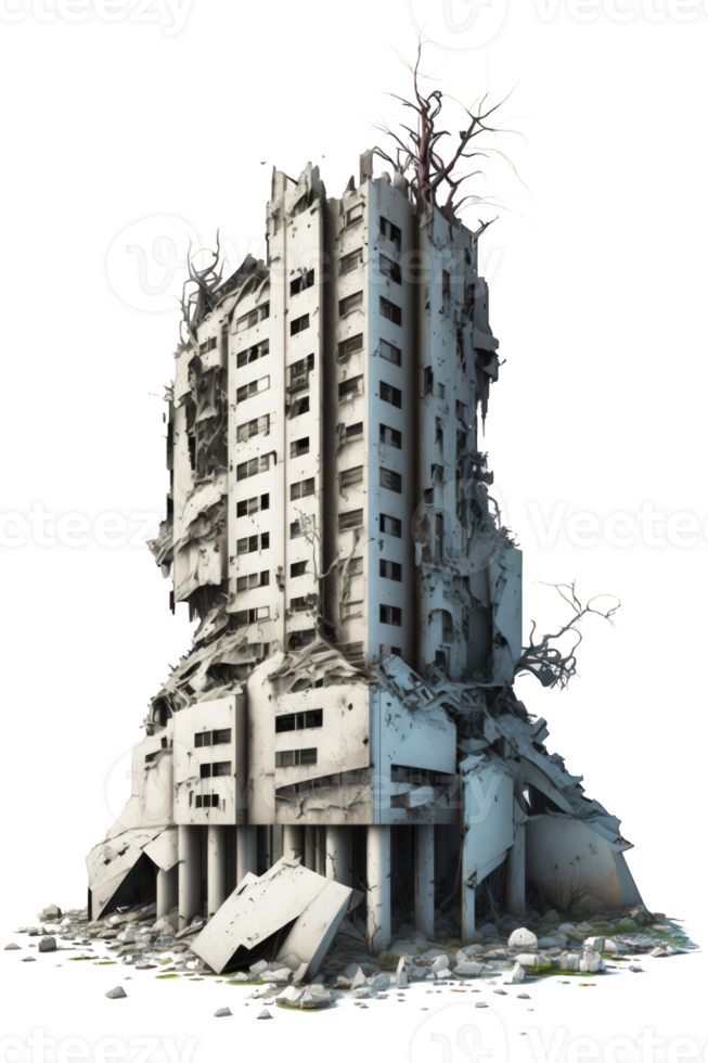 This image depicts ruined skyscrapers in a post-apocalyptic setting, set against a transparent background. png