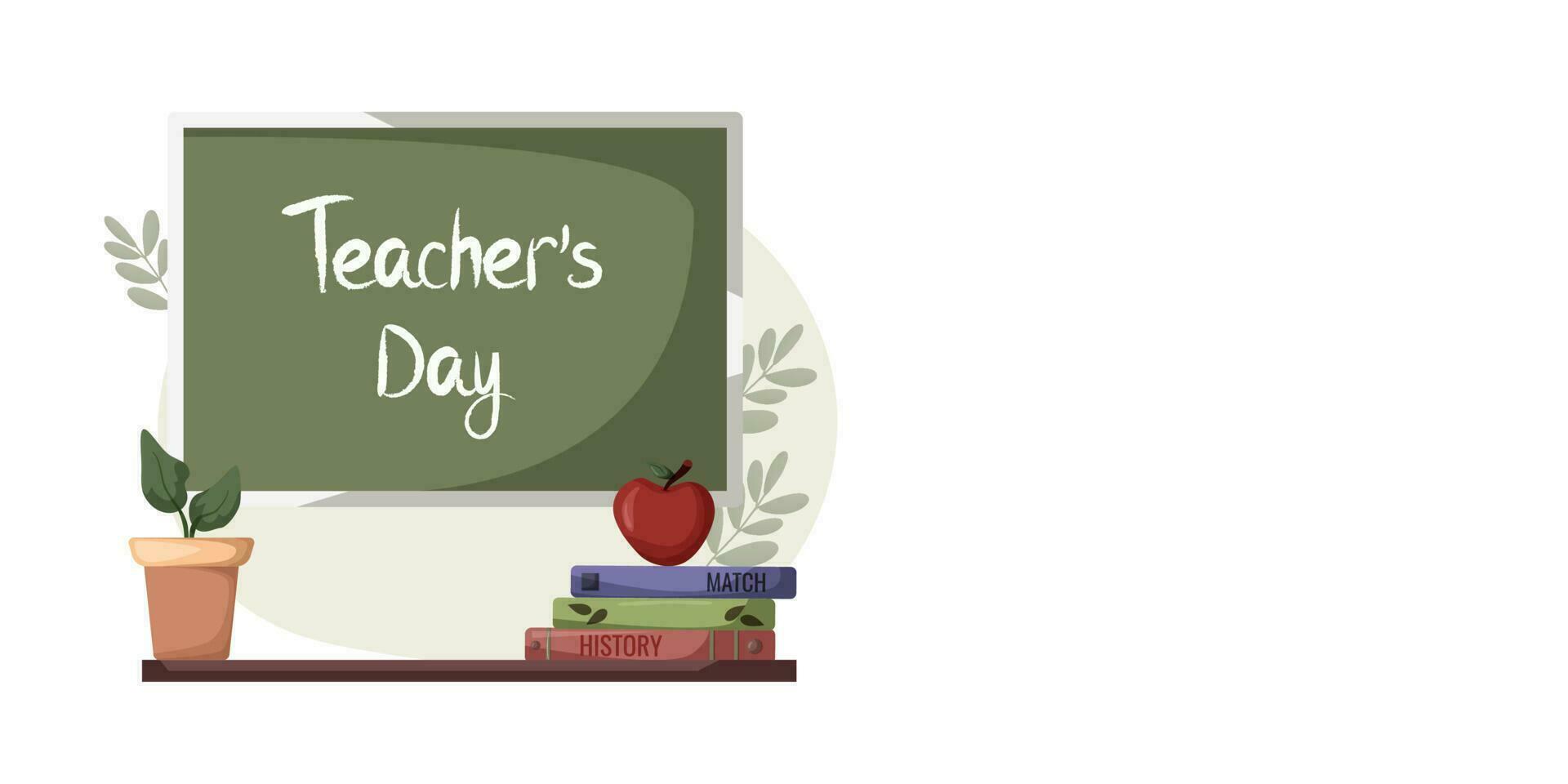 teacher's day. banner template on white background with blackboard, inscription, apple, books. vector